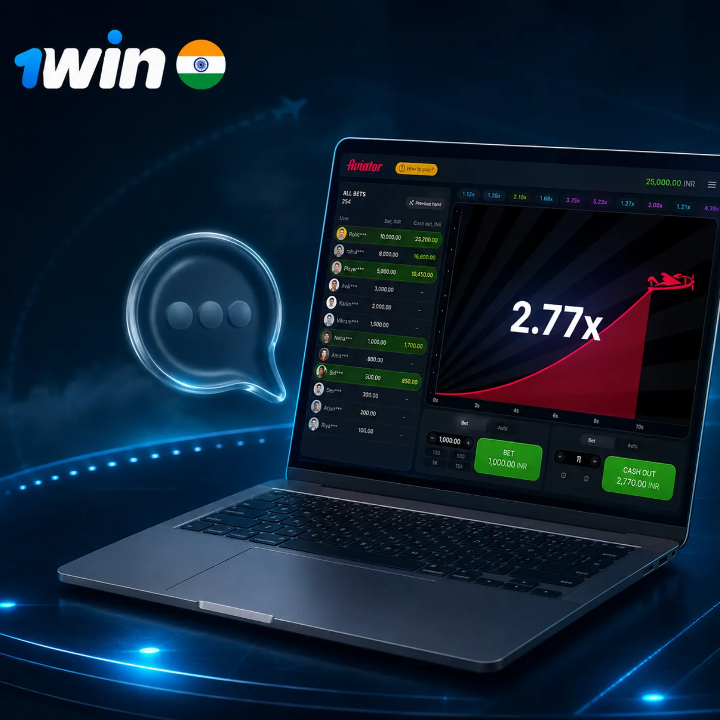 1win Aviator game displayed on a modern laptop with a 2.77x multiplier, INR betting controls and India-themed branding on a dark blue gaming background