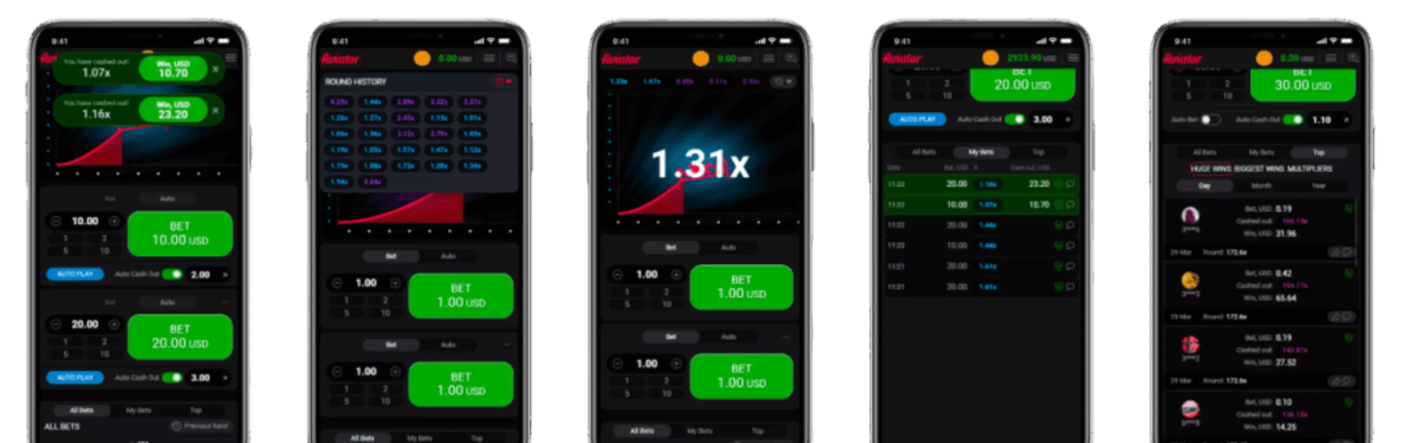 Collection of 1win Aviator mobile game screens showing multiplier rounds, betting controls, player results and live gameplay statistics on smartphones