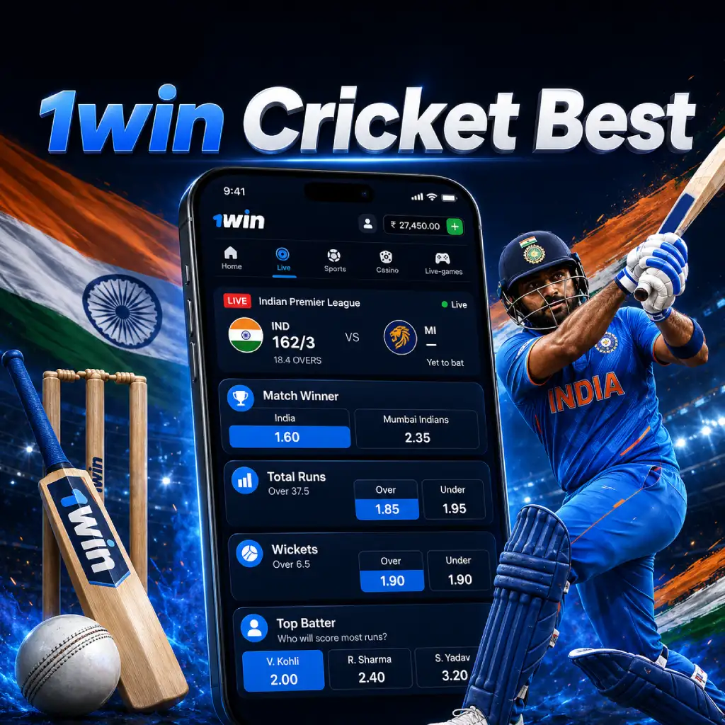 1win India cricket betting markets banner with live odds, match winner, total runs, wickets and top batter options