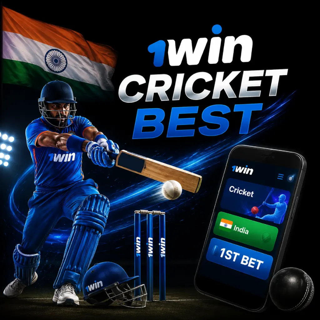 1win India first cricket bet banner featuring a cricket player, smartphone betting interface and Indian flag