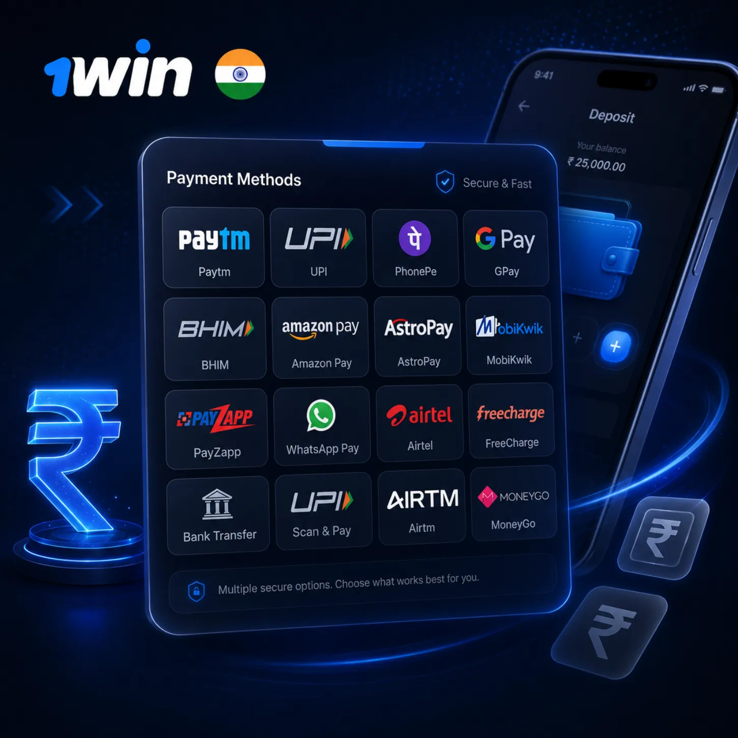 1win withdrawal interface for India featuring UPI, Paytm, PhonePe, Google Pay, BHIM and bank transfer options with INR amount selection on a modern dark blue background
