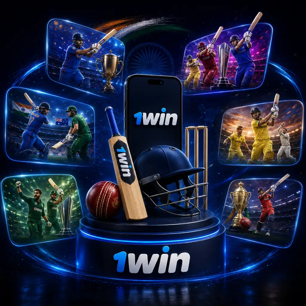 1win cricket banner featuring major international leagues, domestic tournaments, players, trophies and cricket equipment