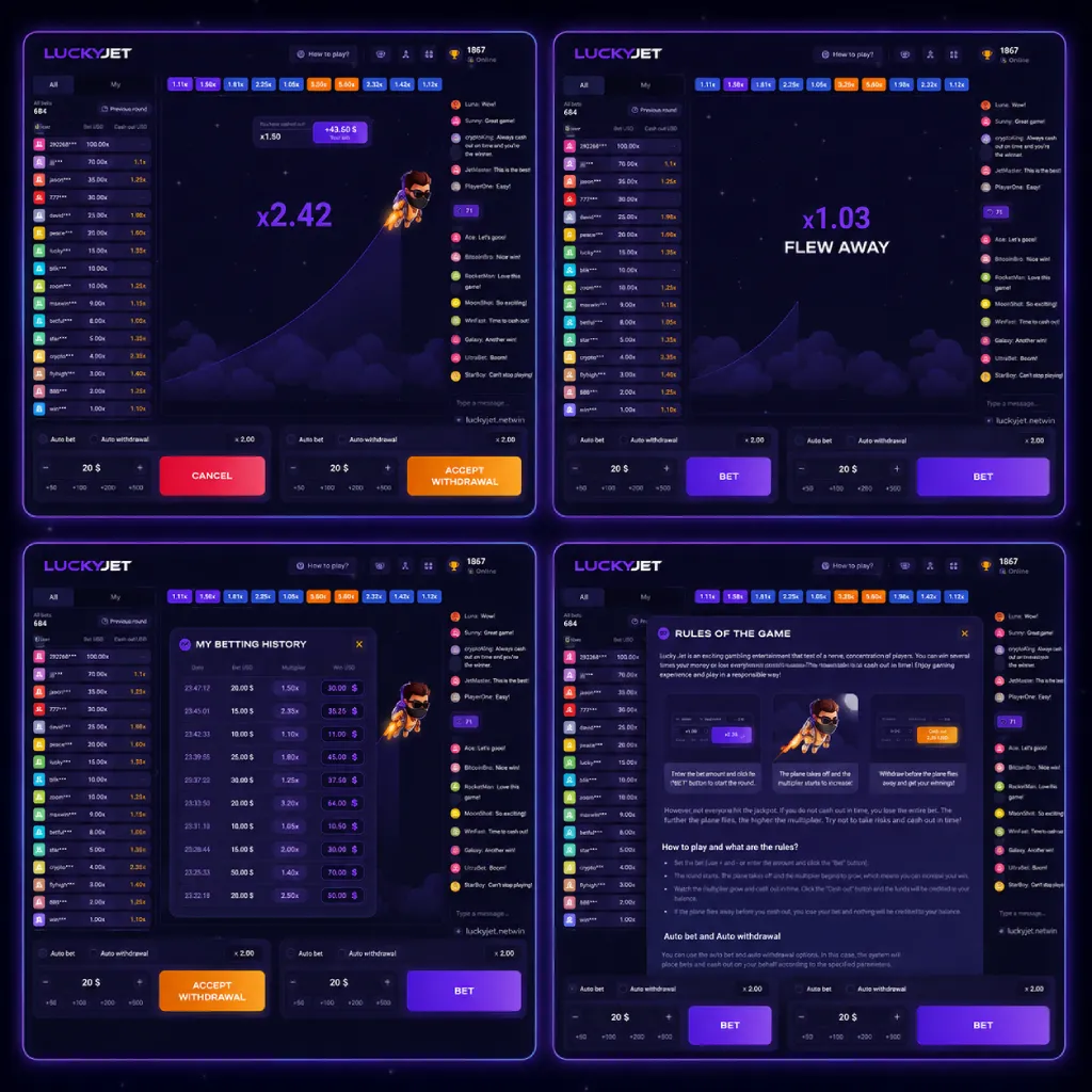 Lucky Jet game interface showing live multiplier rounds, betting history, cash-out controls and game rules in a four-panel purple gaming layout
