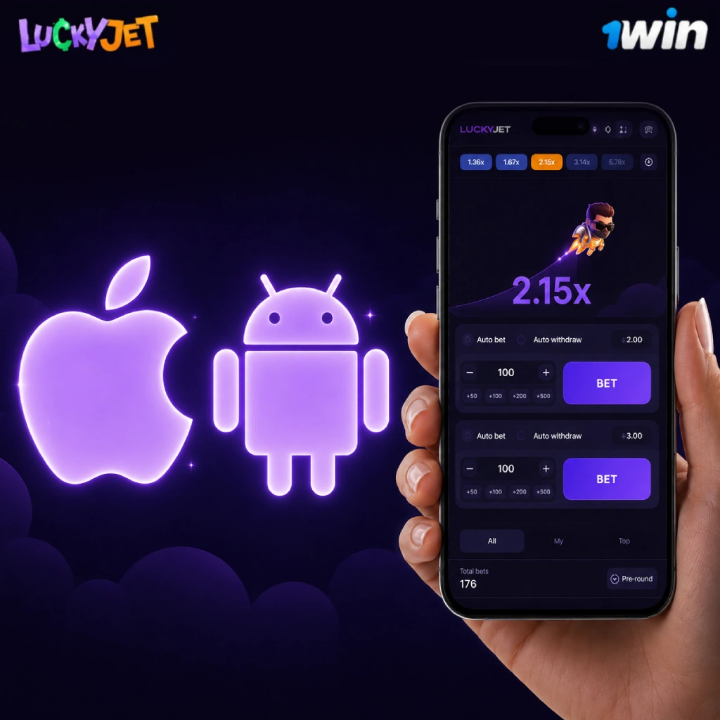 Lucky Jet mobile game displayed on a smartphone with Apple and Android icons, English betting controls and 1win branding on a dark purple background